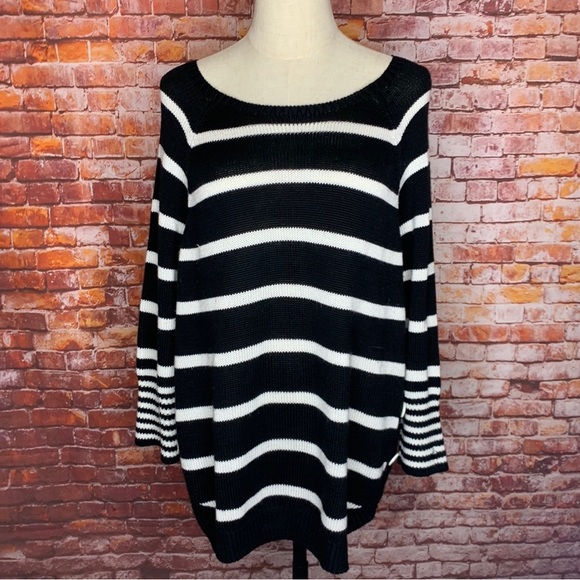 John Paul Richard Black and White Striped Pullover Boatneck Sweater - Picture 1 of 9